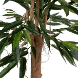 Een close-up van de Kunstplant Longfolia 180 cm toont de boomstam met lange, smalle groene bladeren en dunne, kronkelende lianen tegen een witte achtergrond.