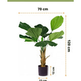 Kunstplant Lucuala Grandis 120 cm, met groene waaiervormige bladeren en bruine stelen in een zwarte pot (13x12 cm), is 120 cm hoog en 70 cm breed - ideaal voor stijlvolle ruimtes of om te combineren met sierpotten.