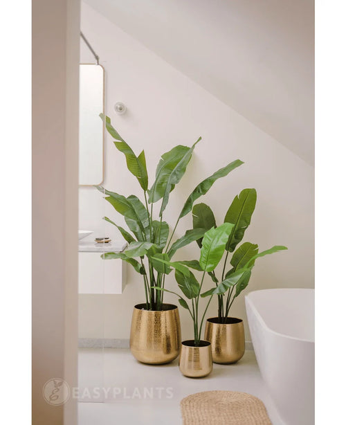 Een Kunstplant Strelitzia Nicolai Deluxe 120 cm staat in een glanzende gouden plantenbak op de vloer van een moderne, minimalistische badkamer met een wit bad en lichtgekleurde muren.