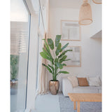 Een moderne woonkamer met grote ramen, beige en witte meubels, geweven hanglampen en abstracte muurkunst. De Kunstplant Strelitzia Nicolai Deluxe 235 cm in een metalen pot geeft een frisse touch aan dit lichte kamerplant interieur.
