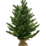 De Kunstkerstboom Mini "Lillemor" 60 cm, gemaakt van 100% PE met dichte groene takken en een eersteklas 'real touch'-gevoel, is verpakt in jute en wordt afgebeeld tegen een effen witte achtergrond.