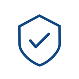 Het pictogram Verzendverzekering is een blauw schild met een centraal vinkje, dat veiligheid, orderverificatie of leveringsgarantie symboliseert, op een witte achtergrond.
