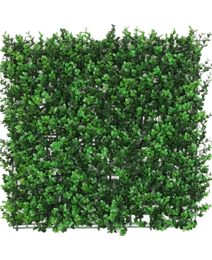 De Kunsthaag Buxus groen 50x50 cm UV heeft een vierkant paneel dat dicht bedekt is met kunstmatige buxusbladeren in rijke groene tinten, waardoor een weelderige, levendige en UV-bestendige decoratieve muur ontstaat.