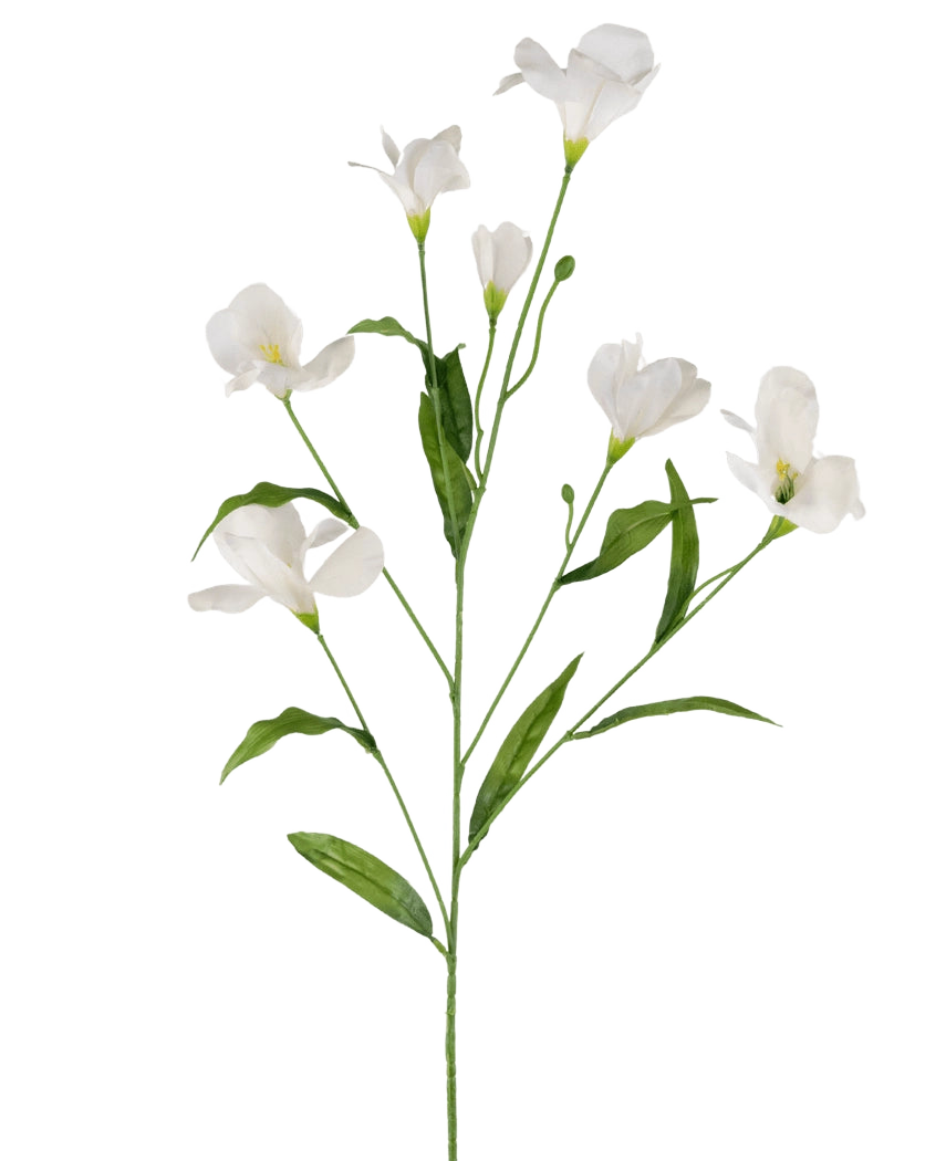 De Kunstrododendron Azalea Real Touch Wit 80cm heeft een enkele groene stengel met meerdere takken, elk met delicate witte bloemen en lange groene bladeren, allemaal op een effen witte achtergrond.