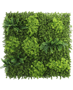De Kunsthaag Moss 100x100 cm UV is een vierkant kunstgroenpaneel met dicht, gevarieerd gebladerte en clusters van realistische varens, die een weelderig tuinmuureffect creëren tegen elke achtergrond.