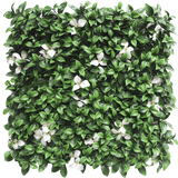 De Kunsthaag Gardenia met witte bloem 50x50 cm UV is een vierkant paneel met dichte groene bladeren en verspreide witte bloemen tegen een witte achtergrond.
