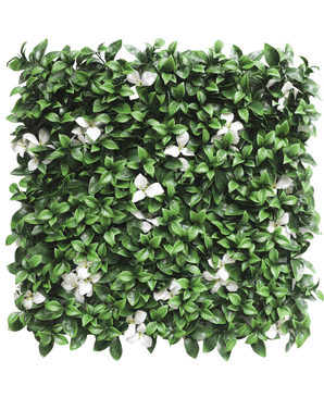 De Kunsthaag Gardenia met witte bloem 50x50 cm UV is een vierkant kunstpaneel met dichte groene bladeren en verspreide kleine witte bloemen, ideaal voor het creëren van een decoratieve tuinmuur of haag.
