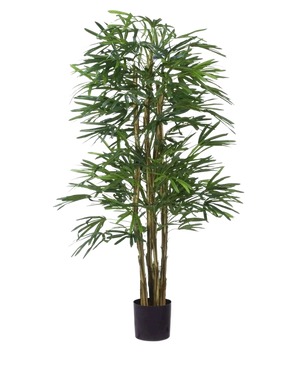 De Kunstplant Lady Palm 150 cm brandvertragend heeft slanke lichtbruine stelen en dichte groene bladeren, weergegeven in een compacte zwarte pot tegen een witte achtergrond.