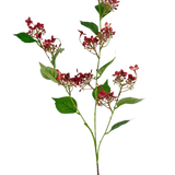 De Kunstbloem Wilde hortensia 86 cm rood heeft een hoge steel met trossen kleine, donkerrode bloemen en meerdere groene bladeren, afgebeeld tegen een witte achtergrond.