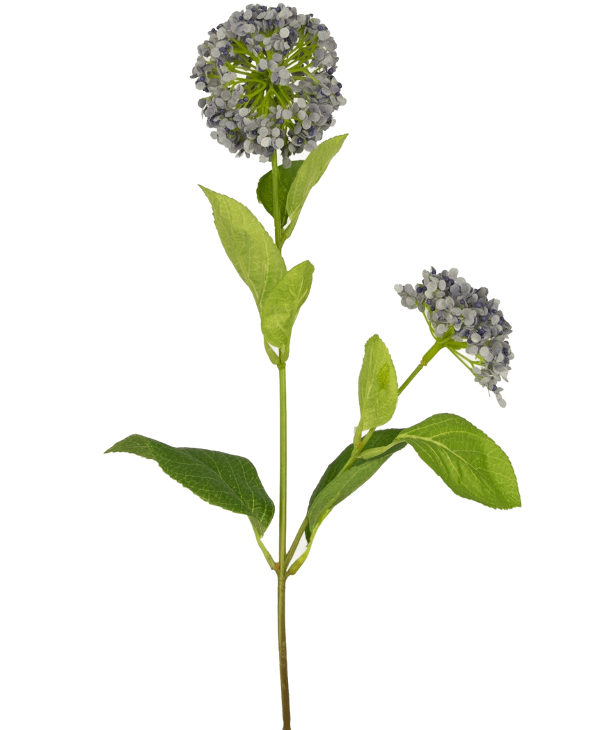 Een enkele Kunstbloem Sneeuwbal/Viburnum 70 cm paars met een groene stengel, brede bladeren en twee trossen kleine paarse bloesems, geïsoleerd op een witte achtergrond.