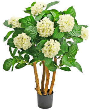 De Kunstplant Hortensia 85 cm wit is een kunstplant in pot met meerdere bruine stelen, grote groene bladeren en trossen witte hortensiabloemen in een kleine zwarte pot.