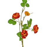 Een enkele Kunstroos vertakt 90 cm met meerdere rode kunstrozen met groene bladeren tegen een effen witte achtergrond.