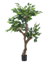De Kunstplant Ficus Crazy 120 cm is een hoge kunstboom voor binnen met een bruin vertakte stam en weelderig groene bladeren, gevat in een kleine zwarte sierpot tegen een effen witte achtergrond.