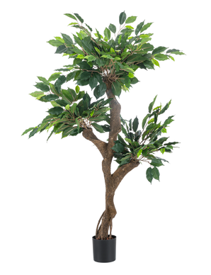 De Kunstplant Ficus Crazy 120 cm is een hoge kunstboom voor binnen met een bruin vertakte stam en weelderig groene bladeren, gevat in een kleine zwarte sierpot tegen een effen witte achtergrond.