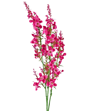 Drie groene stelen van Kunstbloem Kattenkruid 75 cm roze met felroze, vijfbladerige bloesems en knoppen plus bossige groene bladeren, geïsoleerd op een witte achtergrond.