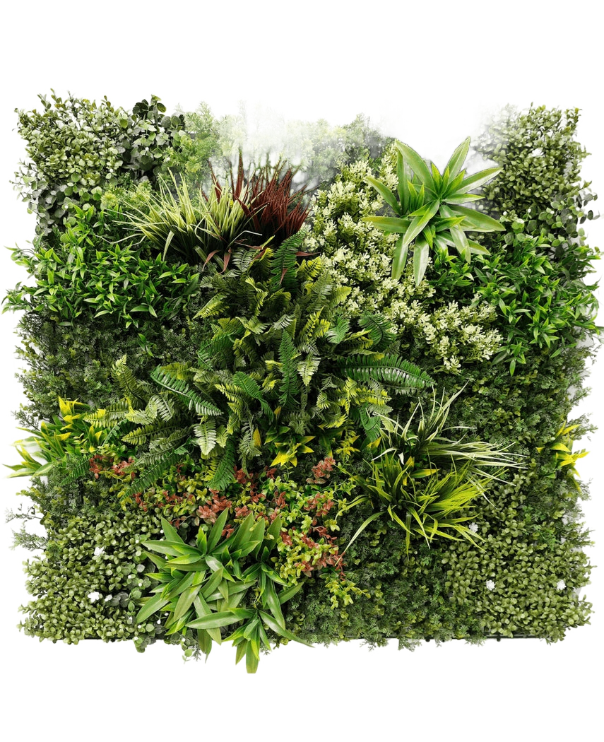De Kunsthaag Prestiage 100x100 cm UV is een dicht verticaal tuinpaneel met verschillende groene planten en gebladerte in een vierkante opstelling, met verschillende bladvormen, -groottes en groentinten.