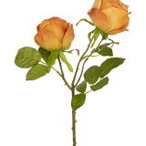 De Kunstroos Deluxe 55 cm perzik heeft twee perzikkleurige kunstrozen op één steel met groene bladeren, ideaal voor bloemdecoratie of als elegante zijde kunstbloemen.