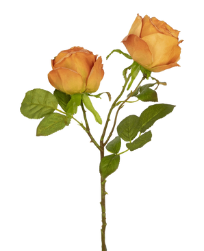 De Kunstroos Deluxe 55 cm perzik heeft twee perzikkleurige kunstrozen op één steel met groene bladeren, ideaal voor bloemdecoratie of als elegante zijde kunstbloemen.
