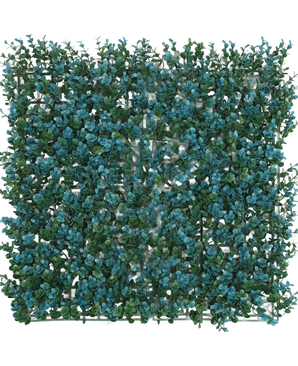 De Kunsthaag Buxus blauw 50x50 cm UV heeft dicht, kunstmatig groen en blauw buxus gebladerte in een vierkant paneel, waardoor een gestructureerd, levendig raster ontstaat dat lijkt op een weelderige bladerwand. UV-bestendig voor blijvende kleur tegen een witte achtergrond.