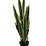 De Kunstplant Sansevieria Laurentii 92 cm in sierpot heeft hoge, opstaande groene bladeren met gele randen, tegen een effen witte achtergrond.