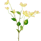 Het Kunstkornoelje Real Touch Lichtgeel 74cm heeft een enkele steel met groene bladeren en verschillende lichtgele kornoeljebloemen met roze getipte bloemblaadjes, tegen een effen witte achtergrond.