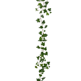 De Kunst hangplant Klimop slinger deluxe 180 cm groen is een lange, groene klimop-slinger met puntige bladeren die verticaal hangt tegen een effen witte achtergrond.
