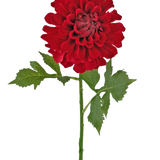 Kunstbloem Dahlia 50 cm rood: een enkele rode dahlia met meerdere lagen bloemenblaadjes en groene bladeren op een lange steel, geïsoleerd op een witte achtergrond.