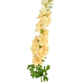 Een enkele Kunstbloem Delphinium 105 cm crème met meerdere lichtgele bloemen en groene bladeren, tegen een effen witte achtergrond.