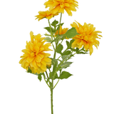 Een enkele oranje Kunstbloem Dahlia 60 cm steel met groene bladeren tegen een witte achtergrond.