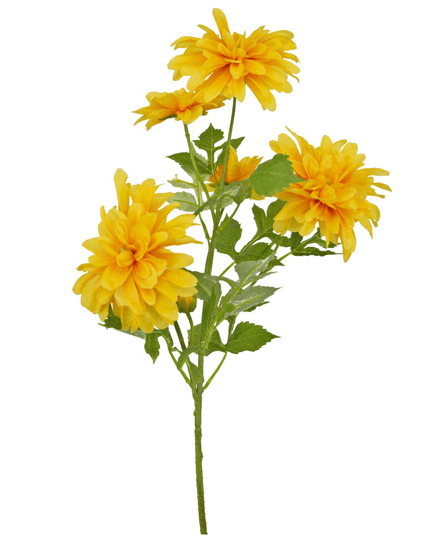Een enkele oranje Kunstbloem Dahlia 60 cm steel met groene bladeren tegen een witte achtergrond.