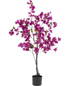 De Kunstplant Bougainvillea 125 cm Paars heeft meerdere dunne takken, groene bladeren en felle paarse bloemen en lijkt op een echte bougainvillea, afgebeeld tegen een effen witte achtergrond.