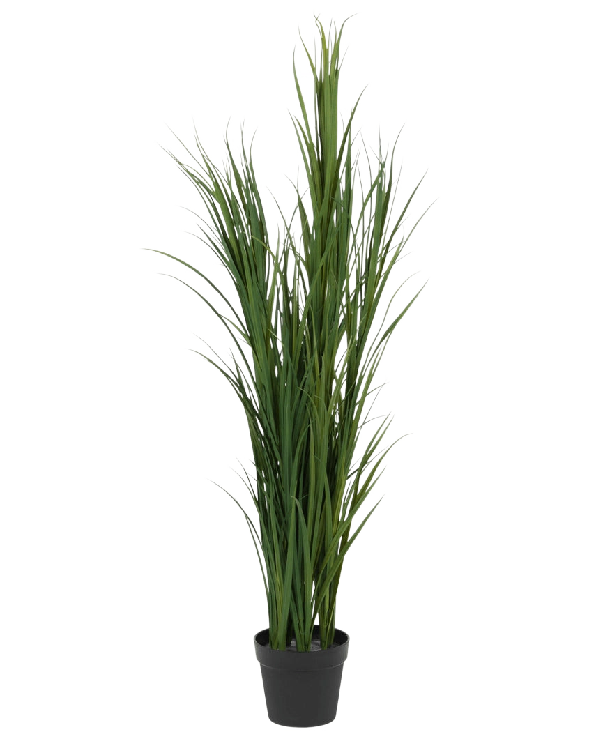 De Kunstgras Groen UV 150cm is een hoge kunstgrasplant met lange, slanke groene bladeren in een kleine zwarte pot, afgebeeld tegen een effen witte achtergrond.