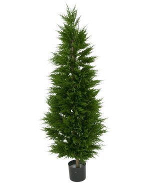 De Kunstplant Conifeer toren UV 120 cm heeft dichte, naaldachtige bladeren en een klassieke kerstboomvorm. Dankzij UV-bescherming is deze kunstplant perfect voor binnen of buiten, bijvoorbeeld op het balkon tegen een witte achtergrond.