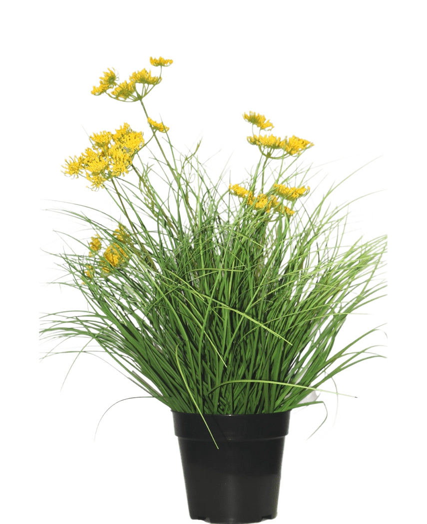 De Kunst Grasplant Asteraceae 50 cm brandvertragend heeft lange, dunne groene bladeren en kleine gele bloemen in een zwarte pot, die een groene uitstraling-perfect kunstgras in huis biedt tegen een effen witte achtergrond.