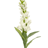 De Kunstbloem Vingerhoedskruid 90 cm wit heeft groene bladeren en witte, gevlekte buisvormige bloesems - ideaal voor luxe decoratie of als opvallend accent in een kunstbloemen boeket.