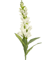 De Kunstbloem Vingerhoedskruid 90 cm wit heeft groene bladeren en buisvormige witte bloesems met paarse vlekken, ideaal voor luxe decoratie of als kunstbloemen boeket, afgebeeld geïsoleerd op een witte achtergrond.