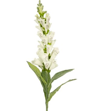 De Kunstbloem Vingerhoedskruid 90 cm wit heeft groene bladeren en buisvormige witte bloesems met paarse vlekken, ideaal voor luxe decoratie of als kunstbloemen boeket, afgebeeld geïsoleerd op een witte achtergrond.