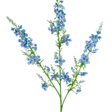 De Kunstbloem Catnip 75 cm blauw heeft een enkele groene stengel die zich in drieën vertakt, elk met trosjes kleine, levendige blauwe bloemen met een paars hart en groene bladeren, tegen een effen witte achtergrond.