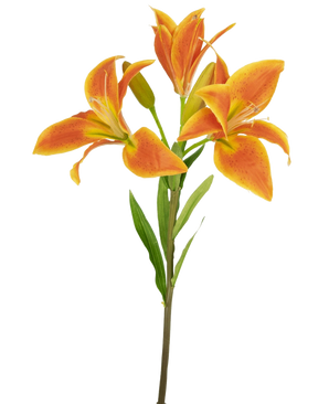 De Kunstbloem Aziatische Lelie 66 cm oranje heeft een enkele steel met drie open oranje lelies, een ongeopende knop en groene bladeren tegen een lichte achtergrond.