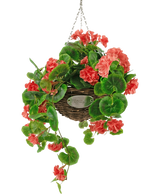Een 70cm kunstmatige roze begonia in een rieten mand met ketting met weelderig groen gebladerte en trapsgewijze roze-rode bloemen. Op het metalen label op de mand staat "Flowers". Geschikt voor buiten, UV-bestendig.