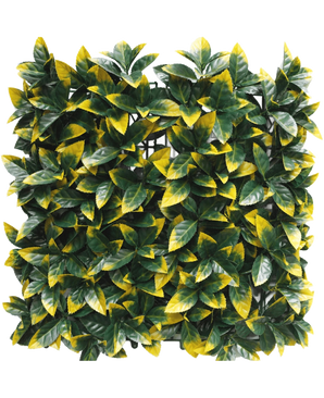 De Kunsthaag Photonia geel 50x50 cm UV is een vierkant paneel met dichte kunstmatige groene en gele bonte bladeren, ontworpen om te lijken op een weelderige, decoratieve bladerwand of haag.