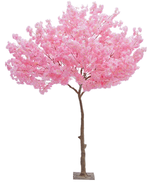 De Kunstboom Kersenbloesem Roze 270 cm is een hoge kunstkerstboom met een slanke bruine stam en dichte trossen levendige roze bloemen tegen een effen witte achtergrond.