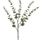 De Kunstbloem Eucalyptus Yugali 71 cm is een enkele kunststengel met vijf vertakkende takken en kleine, ronde groene bladeren, geïsoleerd afgebeeld op een witte achtergrond.