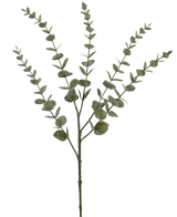 De Kunstbloem Eucalyptus Yugali 71 cm heeft een enkele stam met meerdere lange uitlopers versierd met kleine, ronde groene blaadjes. Deze kunstmatige eucalyptustak staat tegen een effen witte achtergrond.