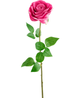 De Kunstroos Real Touch 56 cm roos is een enkele roze kunstroos met een lange groene steel en realistische groene bladeren, tegen een witte achtergrond.