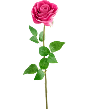 De Kunstroos Real Touch 56 cm roos heeft een enkele roze kunstroos met levensechte groene bladeren op een lange steel, tegen een effen witte achtergrond.