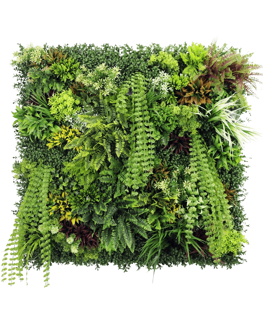 De Kunsthaag Lush Deco Deluxe 100x100 cm UV is een vierkant verticaal tuinpaneel met dicht, gestructureerd groen met een mix van bladplanten, varens en grassen - perfect voor het creëren van een levendige natuurlijke display tegen een witte achtergrond.