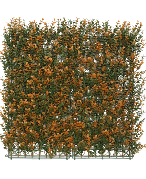 De Kunsthaag Buxus oranje 50x50 cm UV is een vierkant kunstgroenpaneel met dichte groene en oranje bladeren op een kunststof drager, ontworpen om een haag of tuinmuur te imiteren.