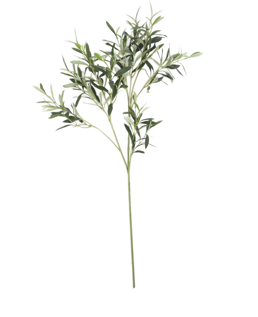 Het Kunst olijfblad 90 cm UV, met slanke groene bladeren en een lange steel, steekt af tegen een witte achtergrond voor een subtiele Mediterrane sfeer.