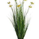 De Kunstgras Wortel Bloem Ui Graspot 120cm is een brandvertragende kunstplant in pot met lange groene grasachtige bladeren en trosjes kleine gele bloemen, geïsoleerd afgebeeld op een witte achtergrond.